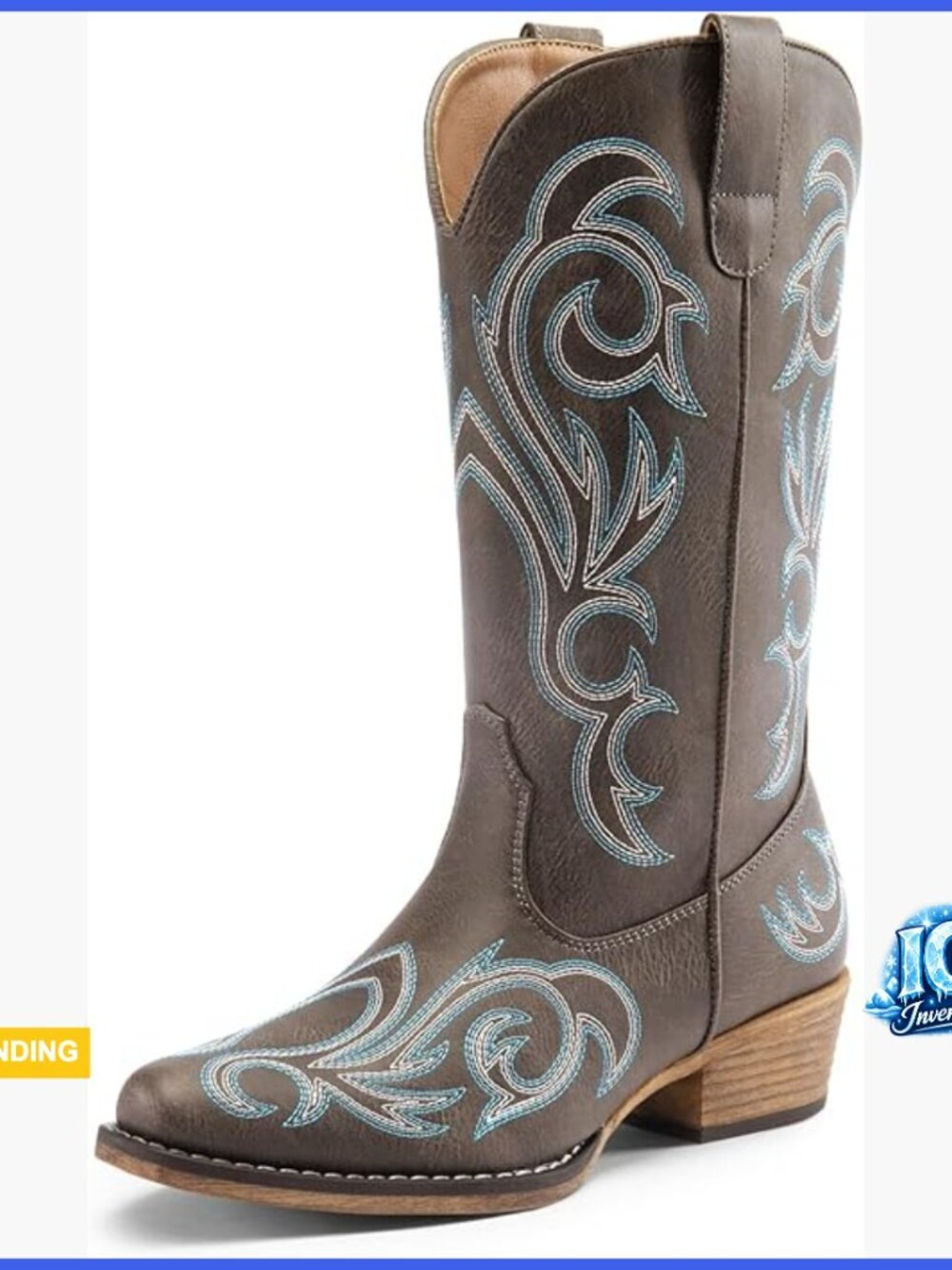 Faux Leather Mid Calf Cowboy Boots Square Toe Embroidered Western Boots